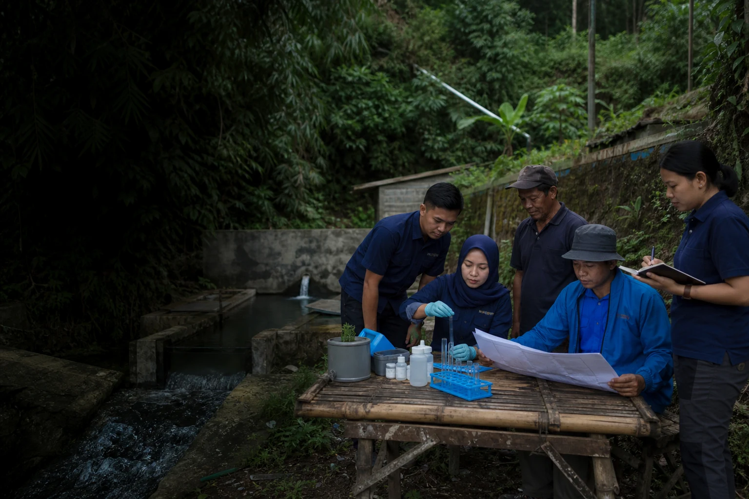 Water assessment team testing a community water source in Indonesia